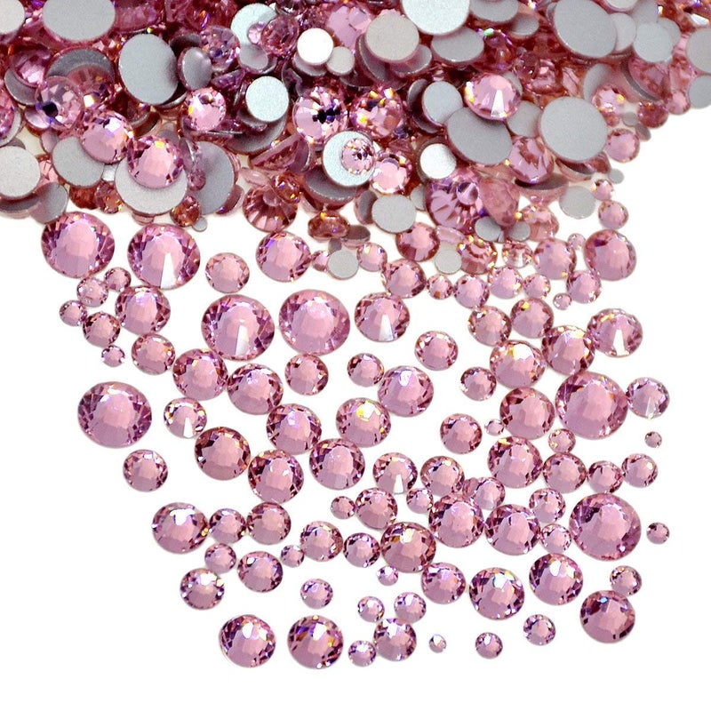 AD Beads 1440 Pieces Mixed Size No Hotfix Glue on Quality Glass Flatback Rhinestones Round Crystal Gems (22 Lt. Rose)